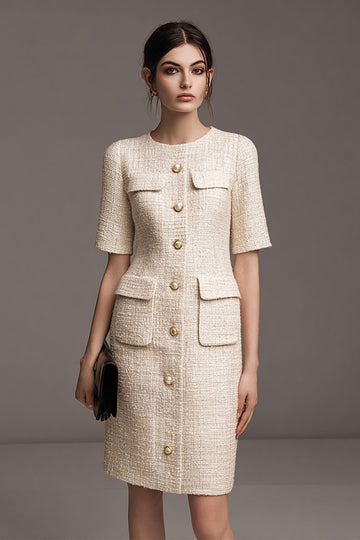 Ivory Knee-Length Sheath Round Neck Work Dress